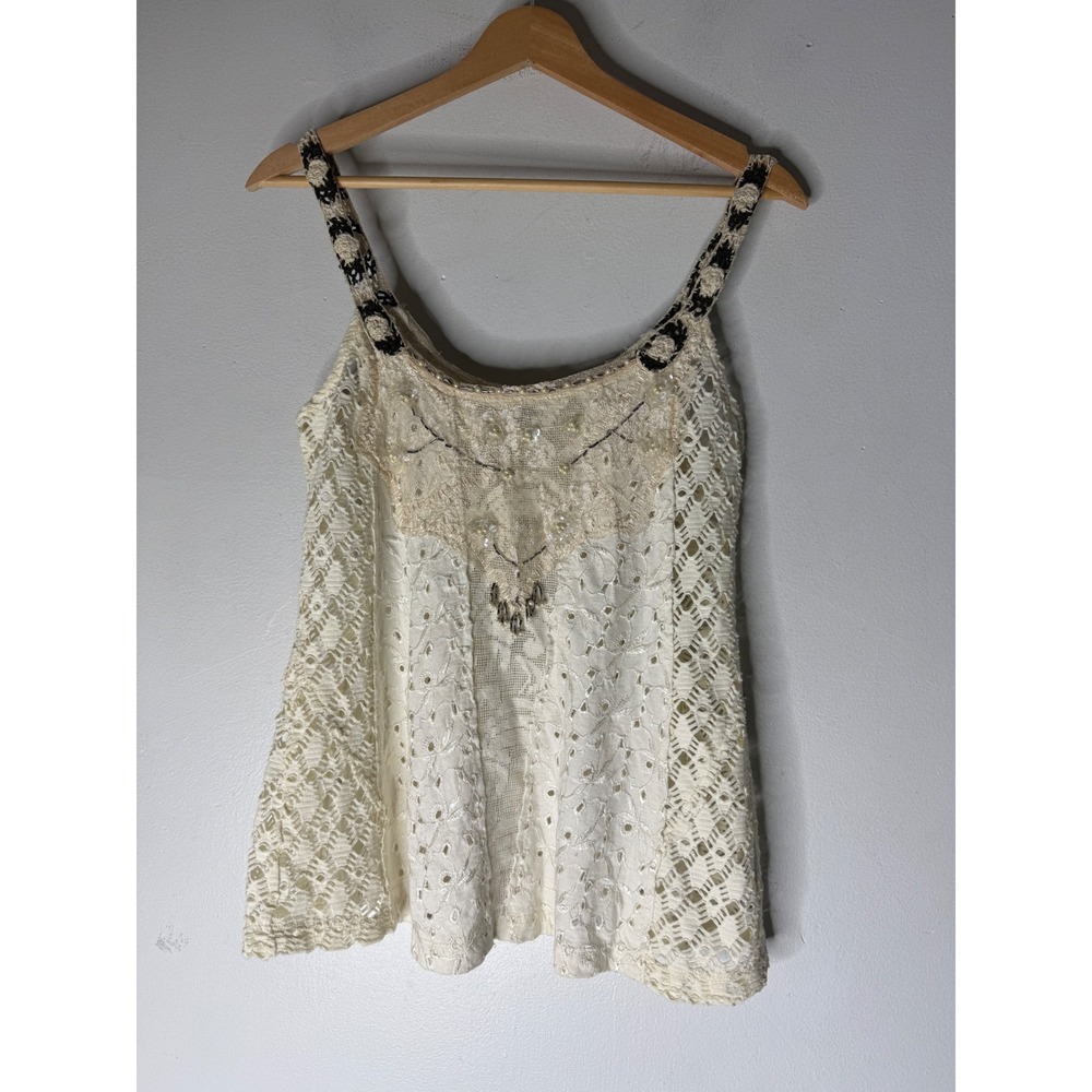 Free People Embroidered Beaded Flowy crochet boho cream tank size small